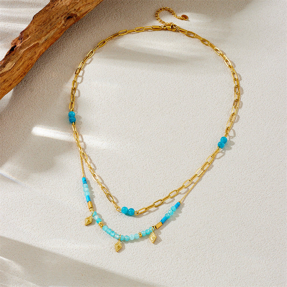 Vintage South Asian Style Blue Beaded Layered Rhombus Pendant Stainless Steel O-Chain Necklace for Women