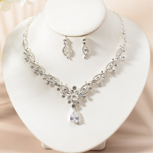 Elegante conjunto de collar y pendientes con incrustaciones de circonita cúbica floral y pedrería para mujer, joyería para fiesta de boda