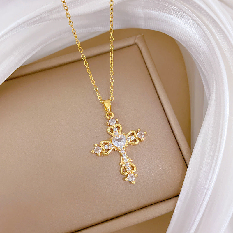 Sweet Hollow Heart Cross Rhinestone Titanium Steel Necklace for Unisex