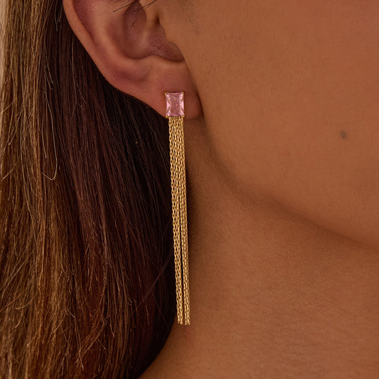 Minimalist Geometric Tassel Earrings with Zircon Inlay in Stainless Steel for Women