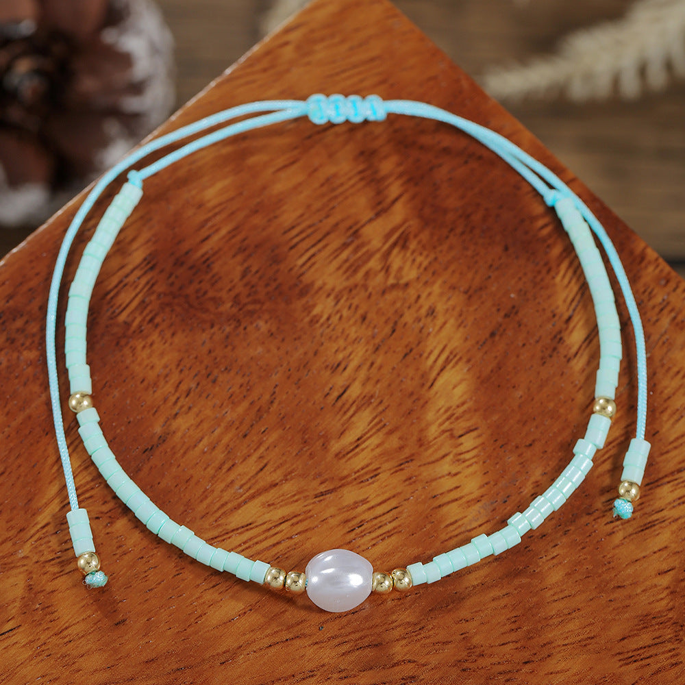 Bohemian Style Adjustable Braided Pearl Beaded Bracelet for Women with Rice Beads and Geometric Design