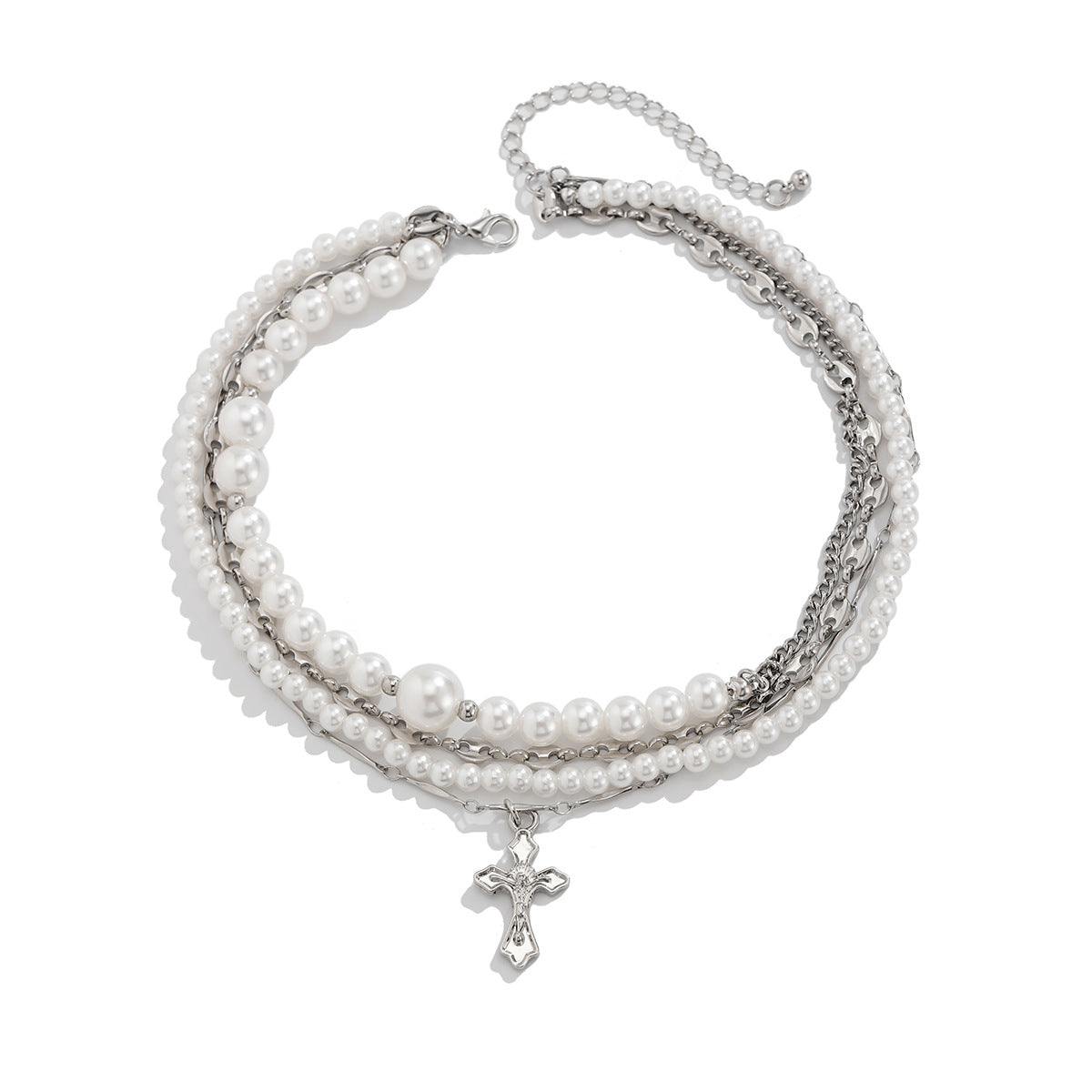 Collana Girocollo Minimalista Vintage Multistrato con Ciondolo a Croce in Lega, Dettaglio Borchia con Strass, Perle Imitazione e Catena a Sfera