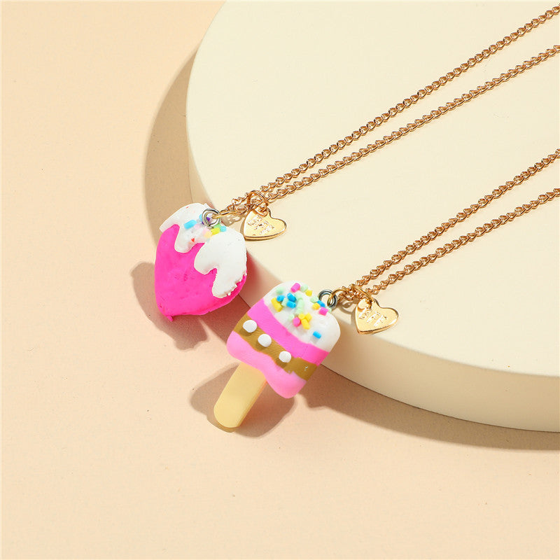 Collar con dije de arcilla polimérica con forma de corazón y helado estilo caricatura para niños con cadena tipo O-Chain