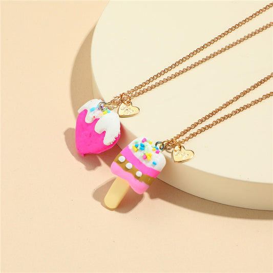 Collana con ciondolo a forma di cuore e gelato in argilla polimerica in stile cartone animato per bambini con catena a maglie