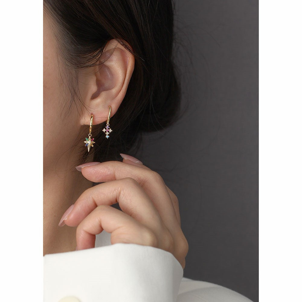 Minimalist 925 Sterling Silver Star Inlaid Rhinestone Hoop Earrings