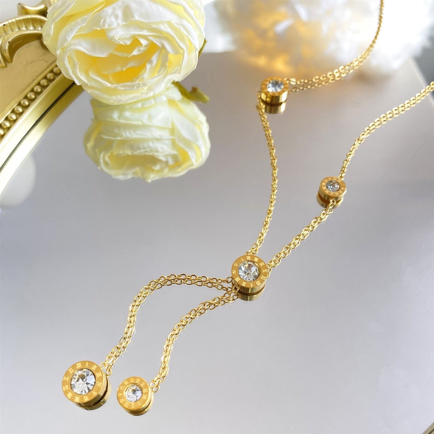 Elegant Minimalist Titanium Steel Micro-Inlaid Cubic Zirconia Geometric Round Pendant Necklace and Bracelet Set with Snake Chain