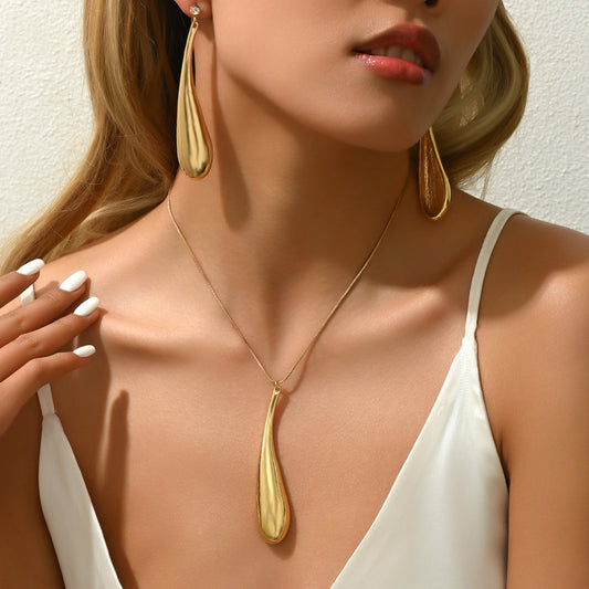 Set collana e orecchini in lega a goccia in stile americano, minimalista, con finitura placcata, design geometrico ovale e lineare da donna
