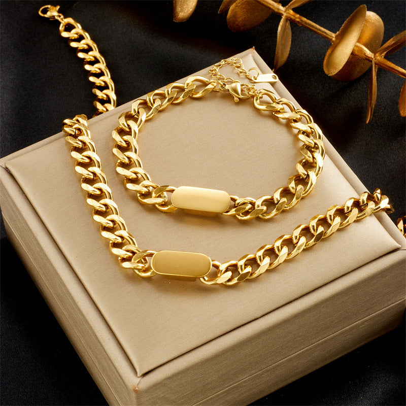 Minimalist Titanium Steel Twisted Chain Necklace and Bracelet Set for Women and Men with Plated Gold Finish