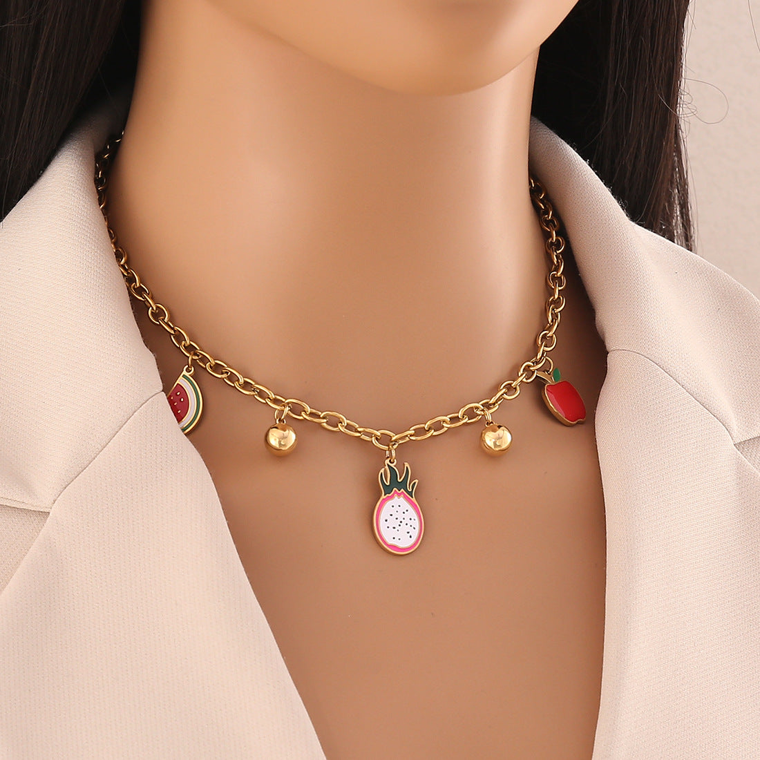 Collana con Ciondolo a Forma di Frutta per Donna, Catena in Acciaio Inossidabile con Charms Mela e Anguria, Finitura Placcata