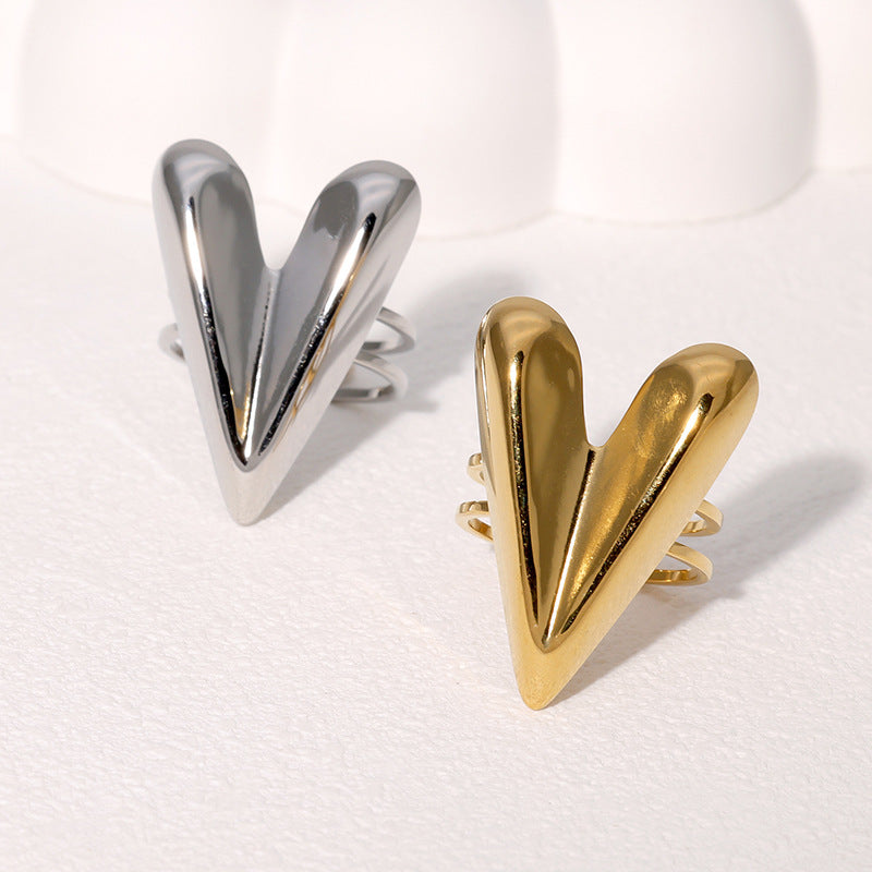 Anello aperto da donna in acciaio inossidabile a forma di cuore, tonalità fredda minimalista, con finitura placcata