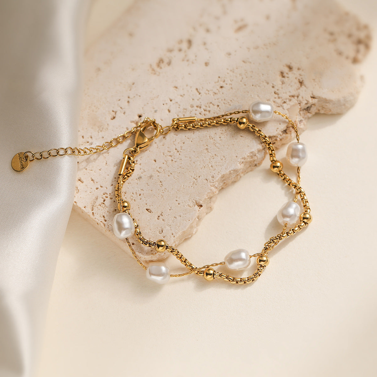 Minimalist Gold Plated Geometric Stainless Steel Bracelet with Pearl Irregular Double Layer Design for Women