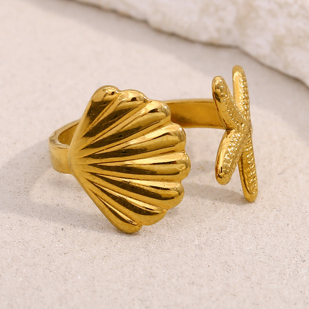 Fashion Star-Shaped Stainless Steel Ring with 18K Gold Plating for Women Ocean-Inspired Natural Design