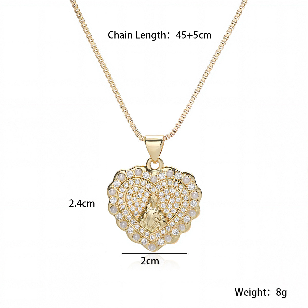 Vintage Elegant 18K Gold Plated Brass Heart Necklace with Cubic Zirconia and Pearl