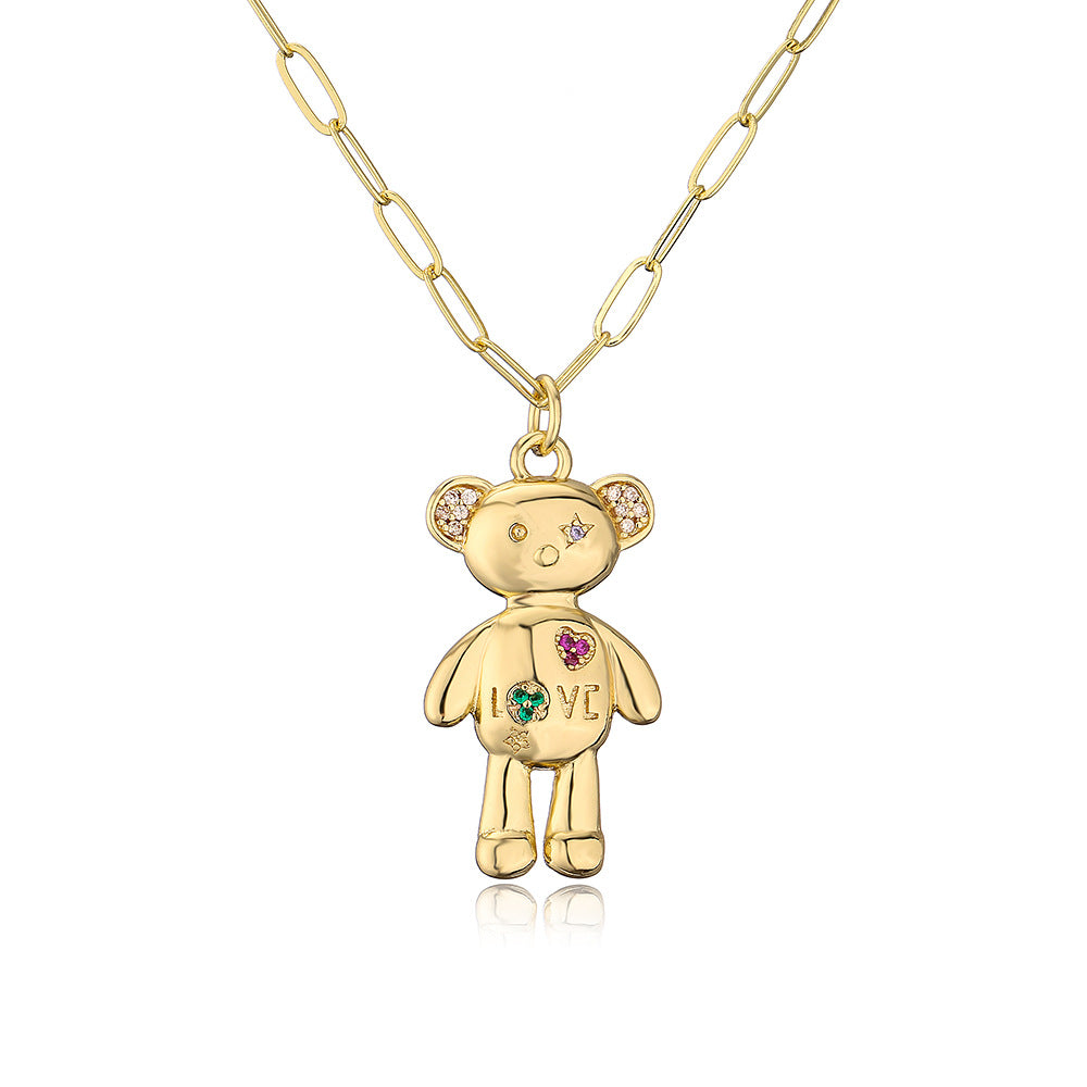 Cute Style Geometric LOVE Bear Pendant Necklace for Women with Copper Base Plated in 18K Gold and Micro-Paved Zirconia