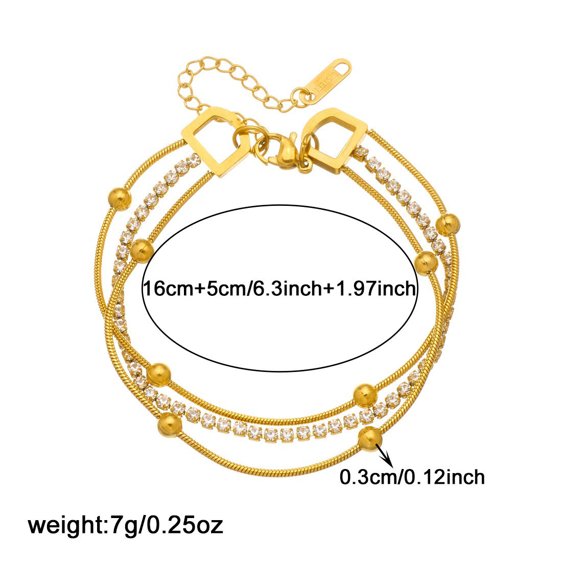 Vintage Gold Plated Stainless Steel Geometric Rhinestone Snake Chain Bracelet