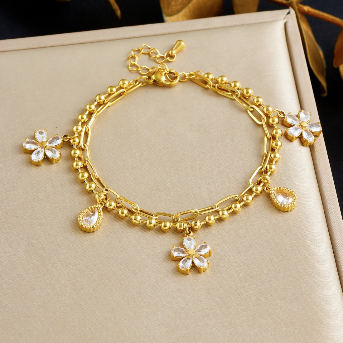 Minimalist Gold Plated Stainless Steel Star Moon Floral Rhinestone Pendant Double Layer Bracelet for Women