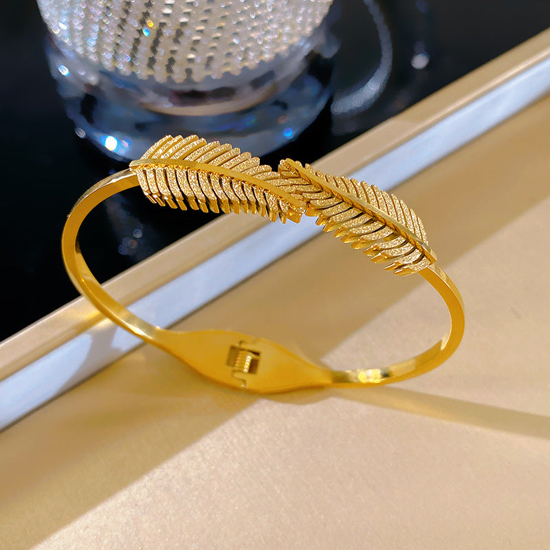 Minimalist Elegant Double Feather Open Cuff Titanium Steel Plated Bracelet