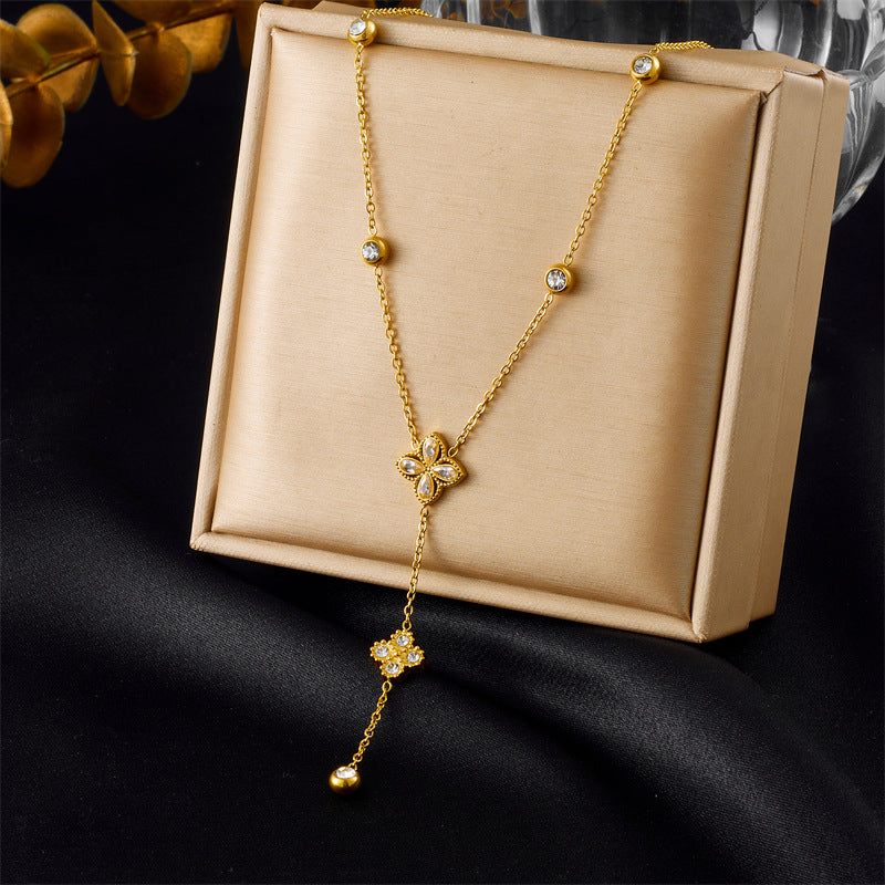 Elegant Gold Plated Stainless Steel Y-Chain Necklace with Rhinestone Floral and Star Charms