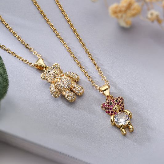 Collana con Ciondolo Minimalista a Forma di Orsetto in Rame per Donna con Zirconi Cubici