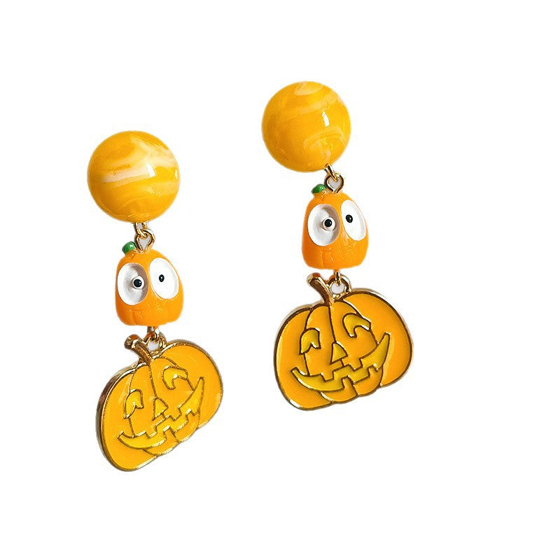 Orecchini Asimmetrici Cartoon Carini e Giocosi per Halloween, con Zucche, Fantasmi e Pipistrelli, in Lega Placcata con Perno a Bottone