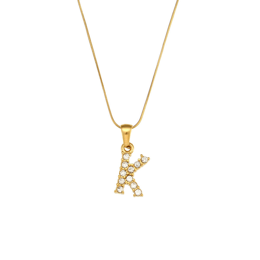 Fashion Minimalist Letter Pendant Necklace in Stainless Steel with 18K Gold Plating and Cubic Zirconia on Thin Snake Chain for Women