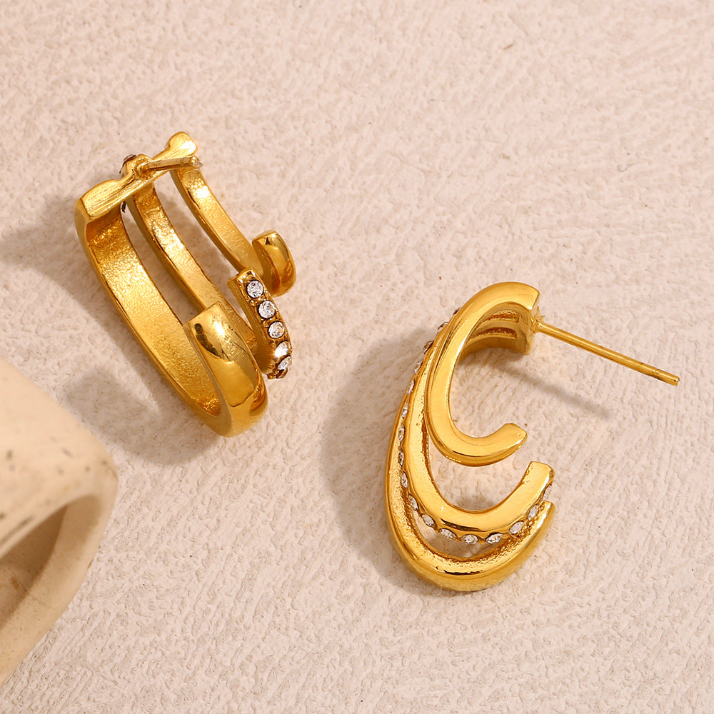 Minimalist Geometric Stainless Steel Earrings with 18K Gold Plating and Rhinestone Accents for Women