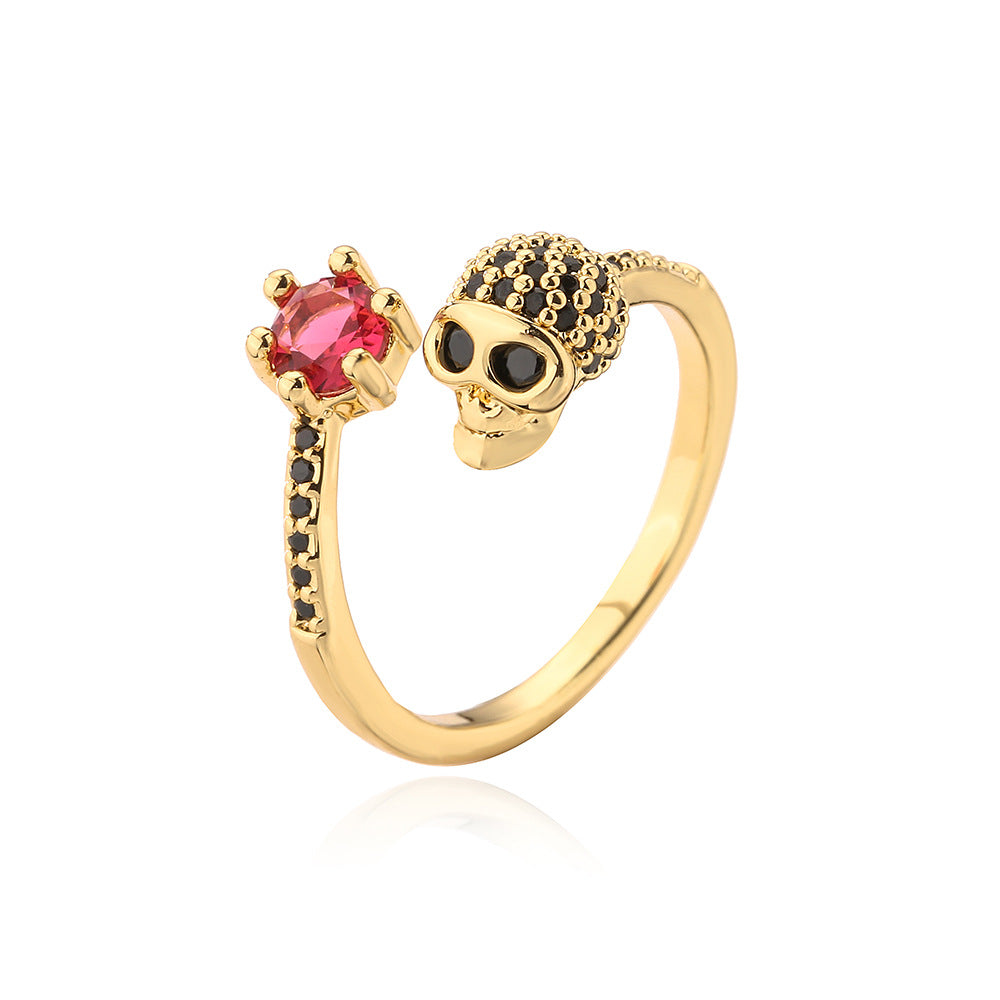 Punk Style Skull-Shaped Geometric Ring in Copper with Gold Plating and Zircon Inlay for Women
