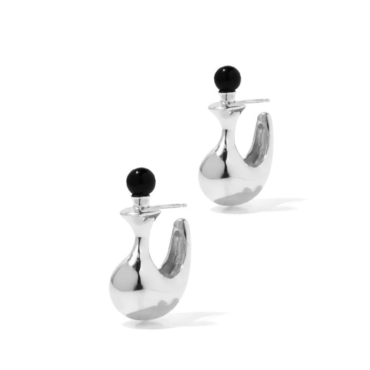 Minimalist Geometric Black Agate Vase-Shaped Earrings in 925 Sterling Silver with Pearl Inlay