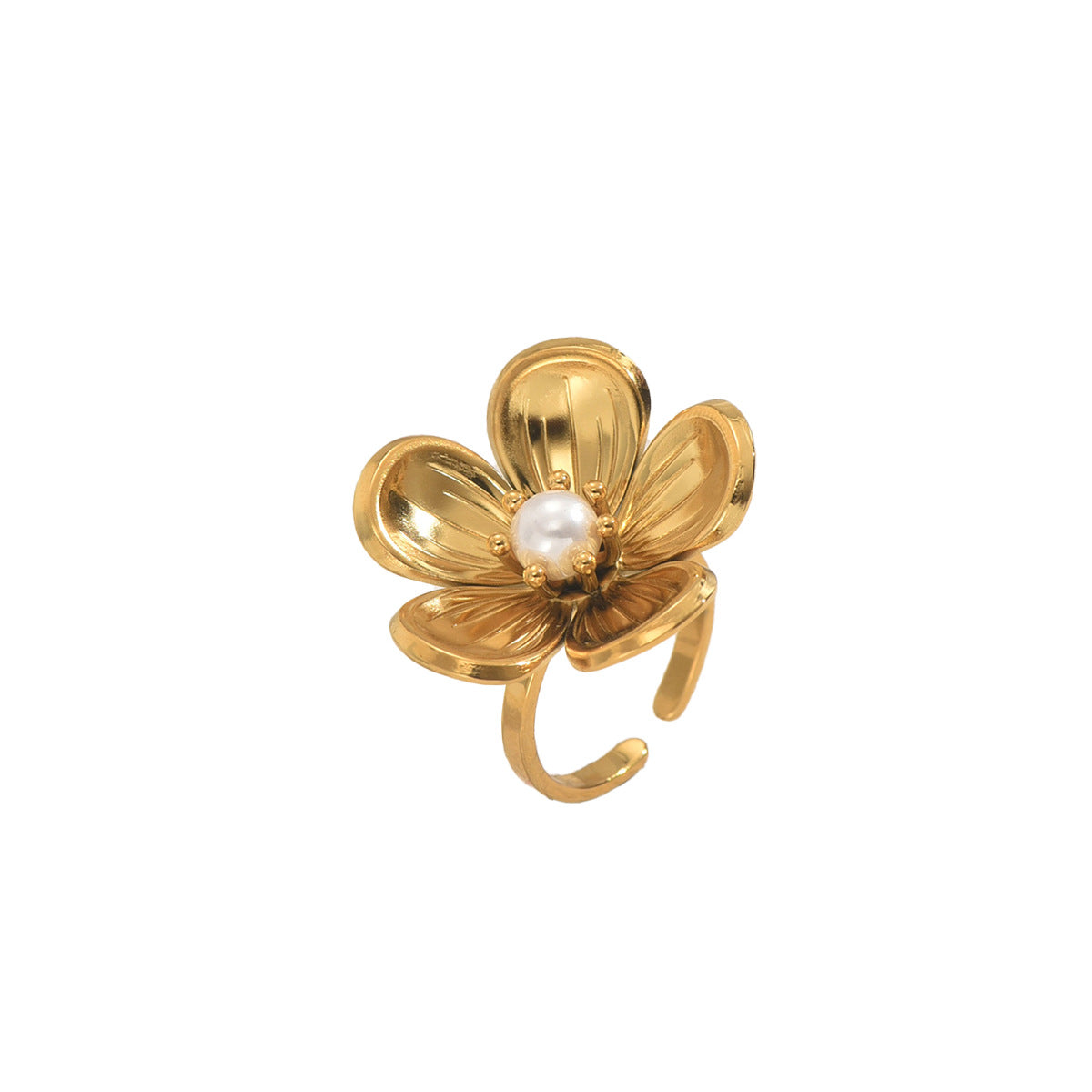 Anello aperto floreale alla moda per donna in rame con intarsio in perle, design geometrico e botanico, anello versatile per dito indice