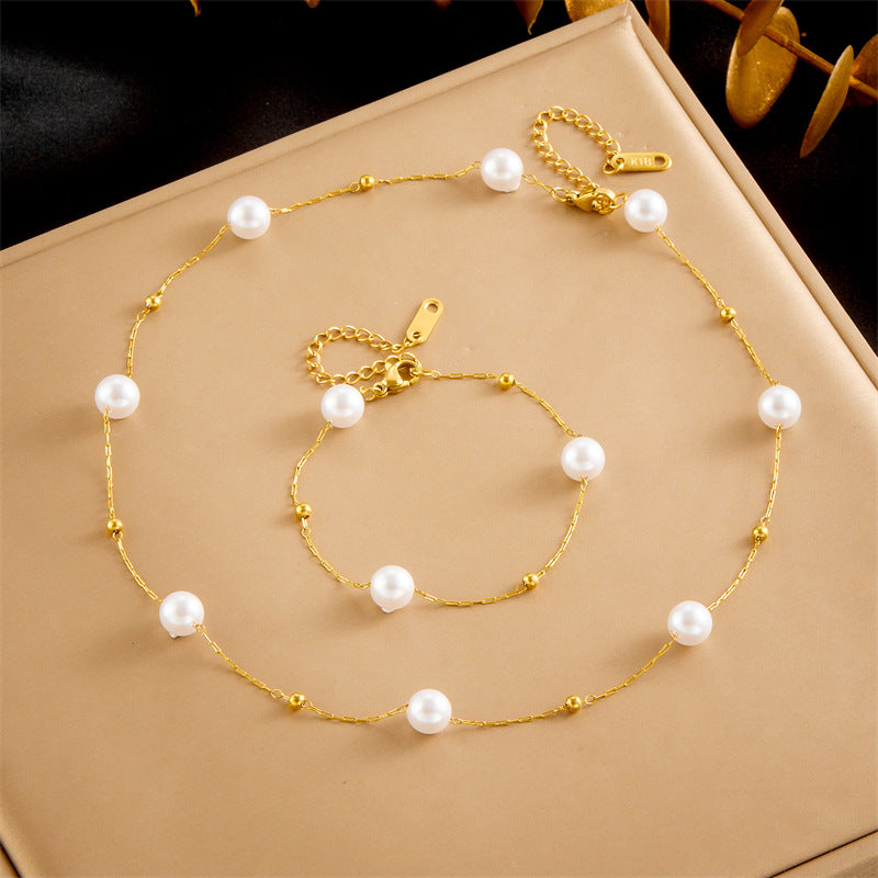 Set Collana e Bracciale in Acciaio Inossidabile Placcato con Perle Rotonde Geometriche Stile Vintage