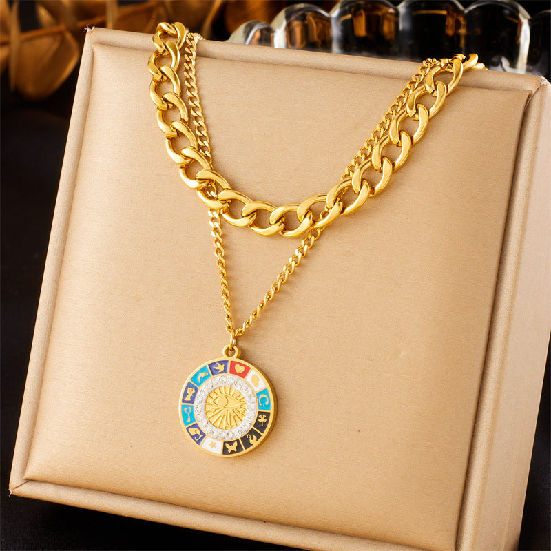 Collana Pendente Mano e Occhio in Acciaio Inossidabile Placcato Oro Doppio Strato Vintage
