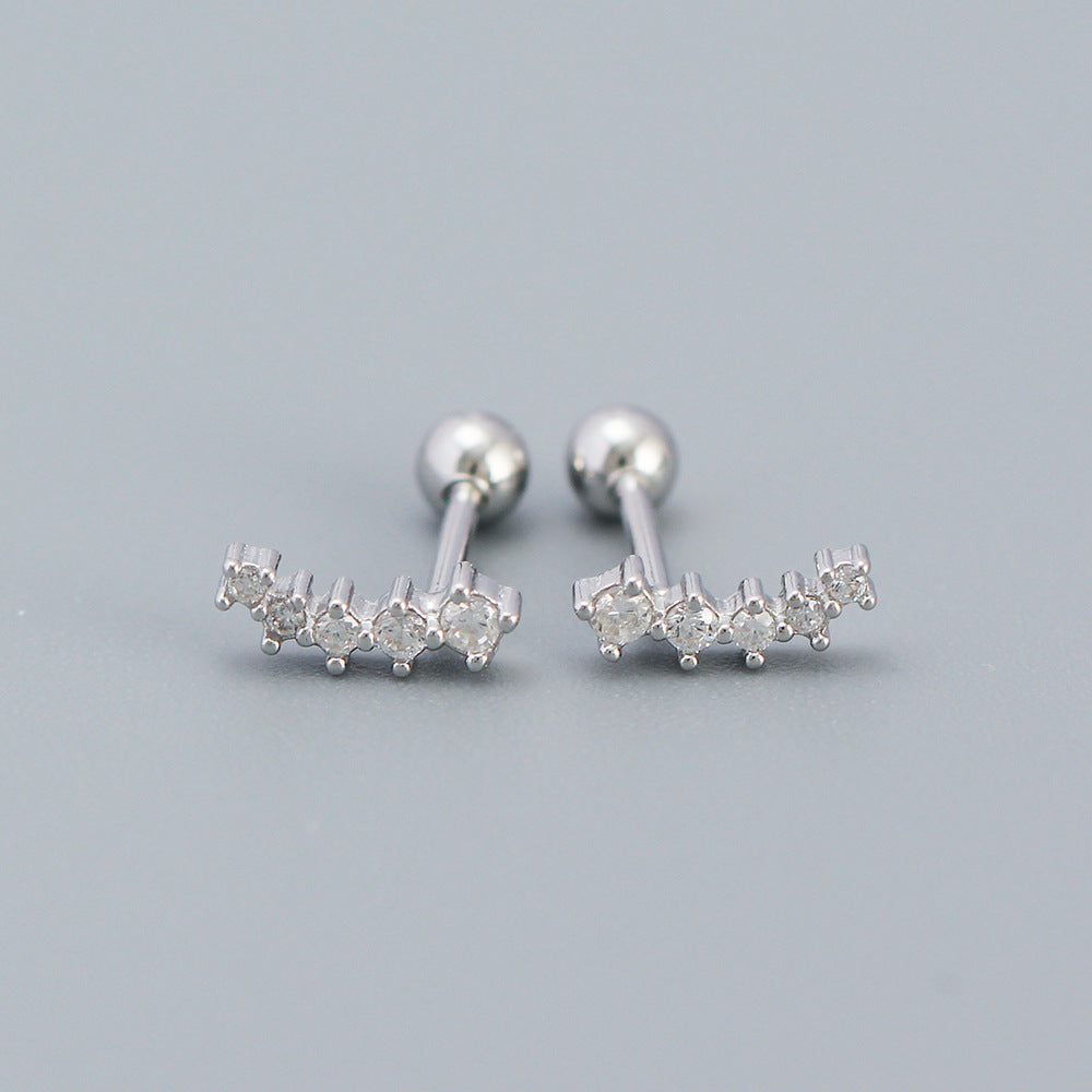 Geometric Rhinestone-Set S925 Sterling Silver Screw Back Earrings for Women, Fresh and Sweet Style