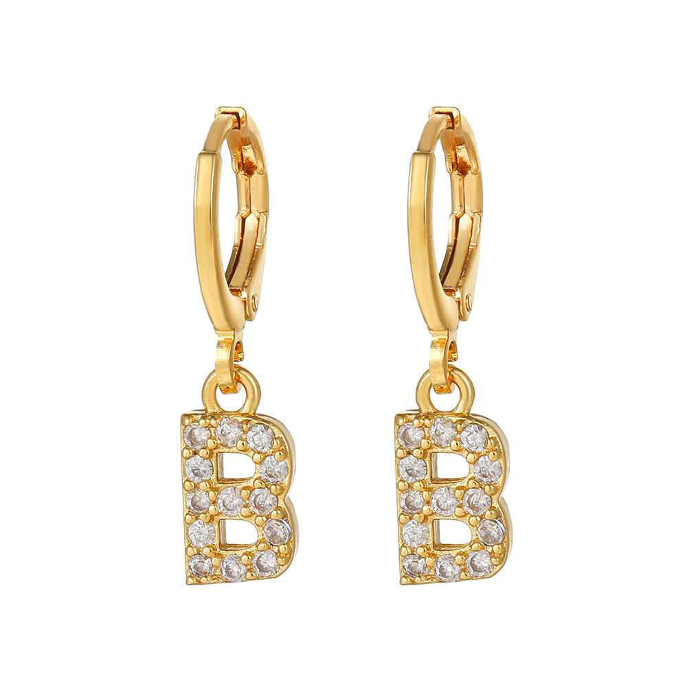 Minimalist Elegant Gold Plated Brass Micro-Inlaid Cubic Zirconia Letter Hoop Earrings for Women