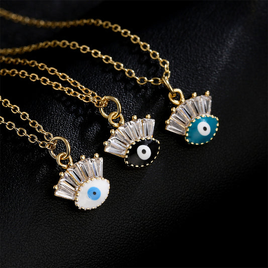 Minimalist Geometric Copper Pendant Necklace with 18K Gold Plating and Enamel-Finished Zircon Eye Charm for Women