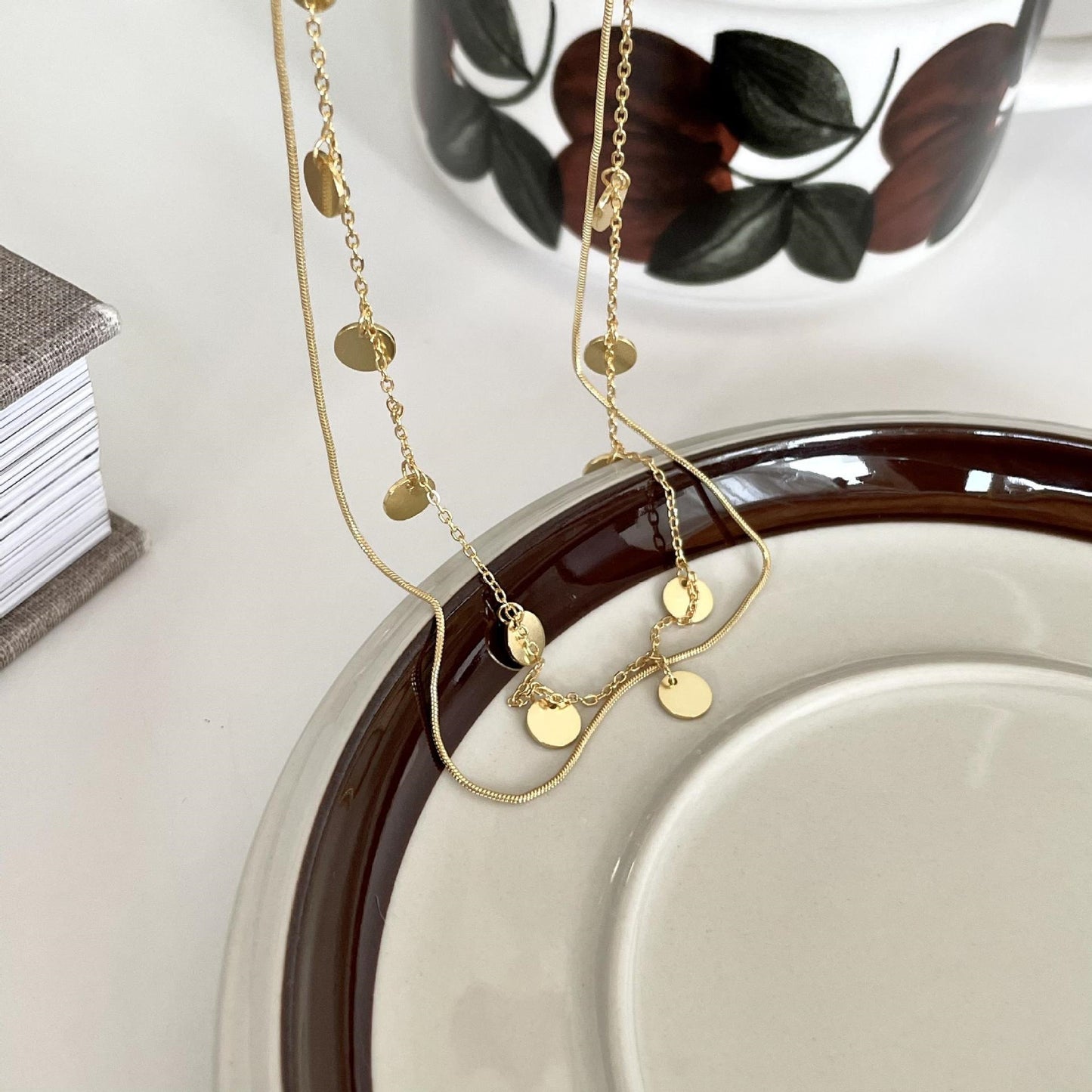 Minimalist Double Layer Snake Chain Necklace in 925 Sterling Silver with Gold Plating and Chic Sequin Detail