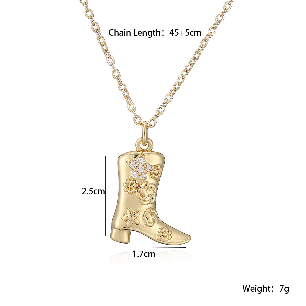 Vintage Minimalist Geometric Brass Gold Plated Cubic Zirconia Boot Pendant Necklace