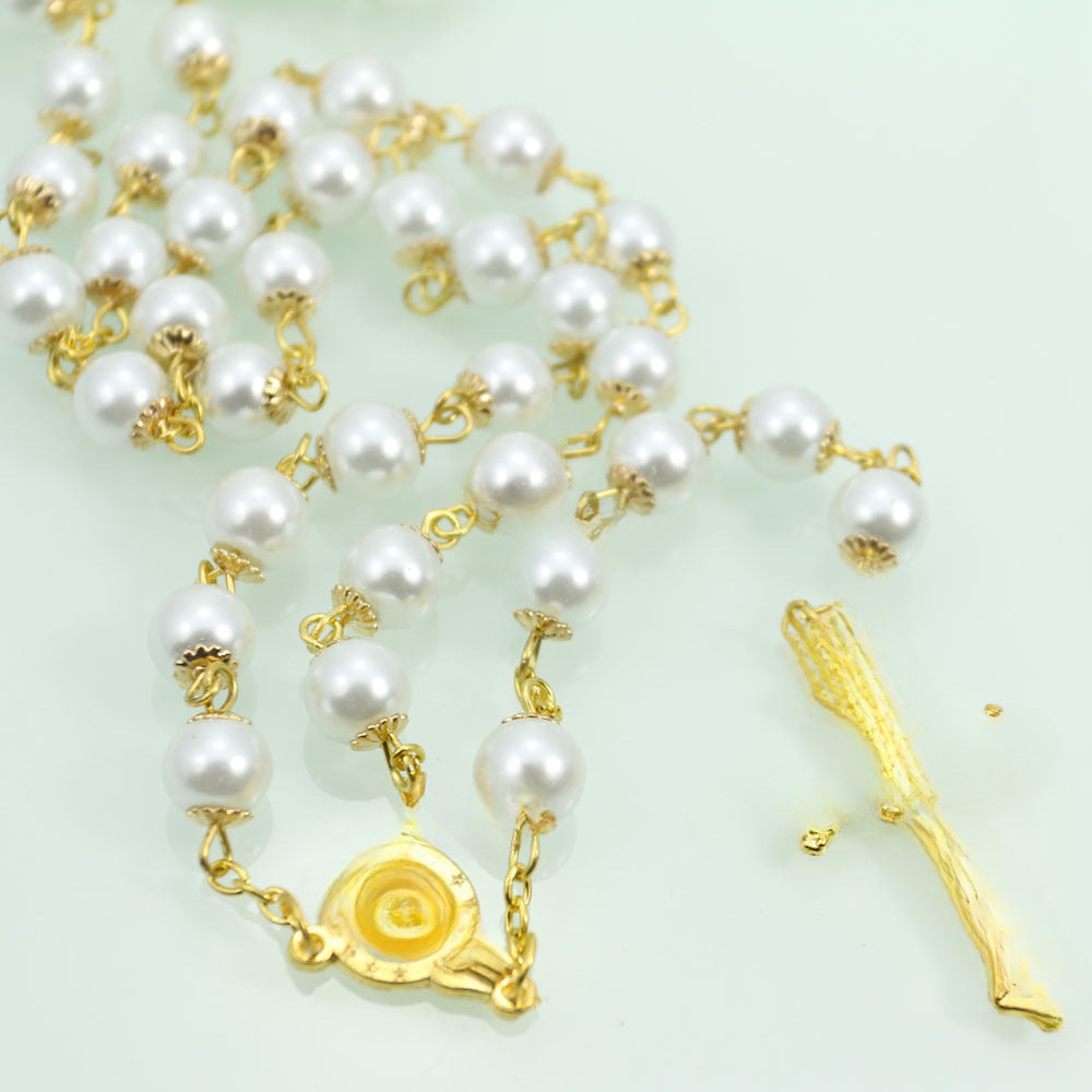 Vintage Cross Pendant Alloy Ball Chain Necklace with Imitation Pearl Beads Unisex Jewelry