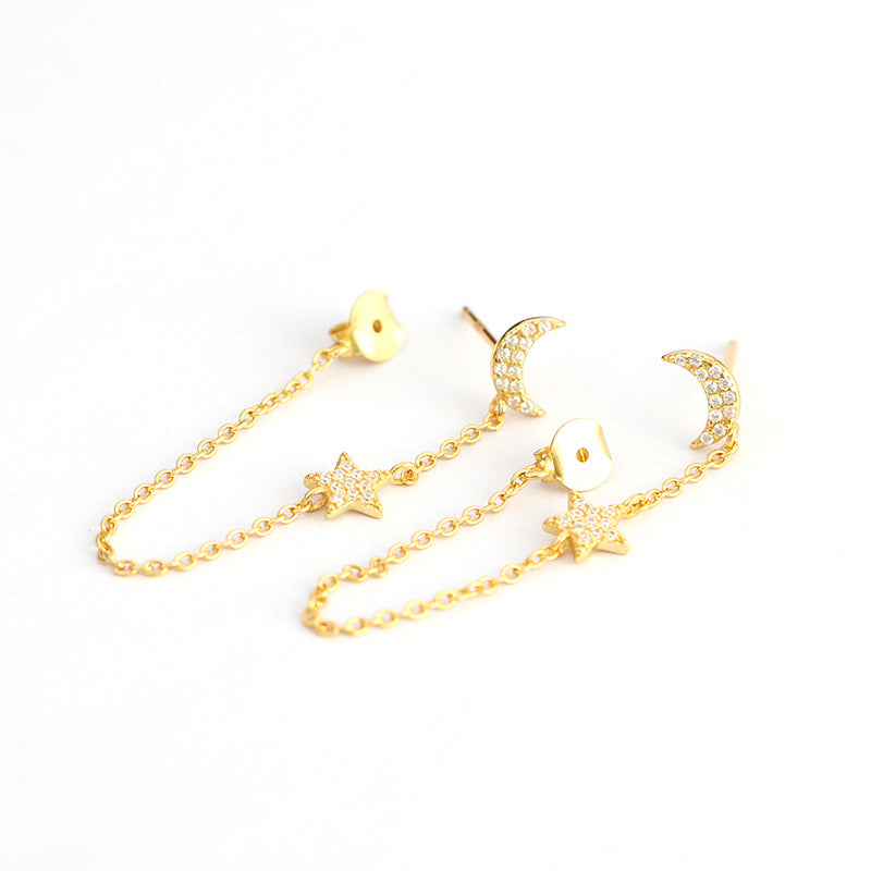 Orecchini in Argento Sterling 925 a Stella e Luna Geometrici con Inlay di Zirconi Cubici e Nappa a Catena Pendente