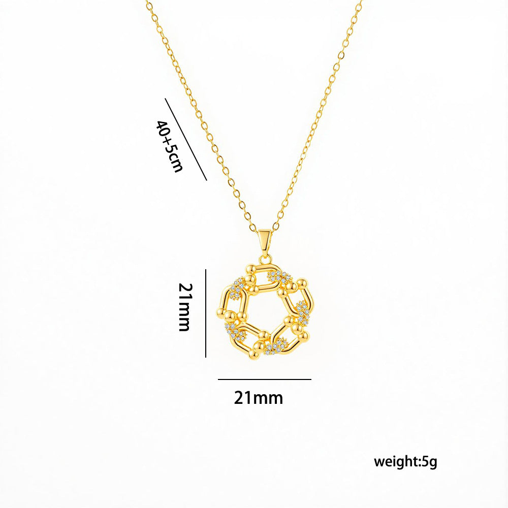 Collar colgante geométrico redondo de herradura de cobre y circonita chapado en oro de 18 quilates de lujo ligero para mujer con cadena O de acero de titanio