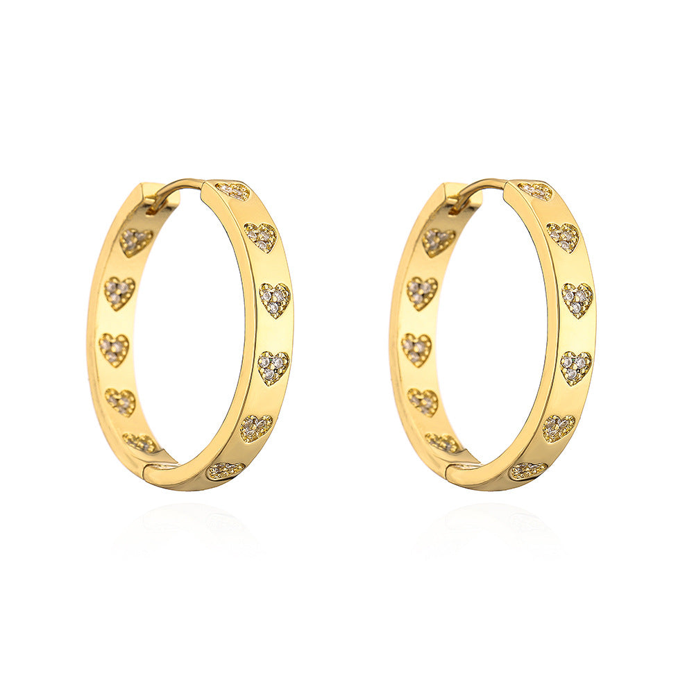 Orecchini a Cerchio Geometrici in Rame d'Ispirazione Vintage con Placcatura in Oro 18K e Accento a Cuore in Zirconia Cubica da Donna