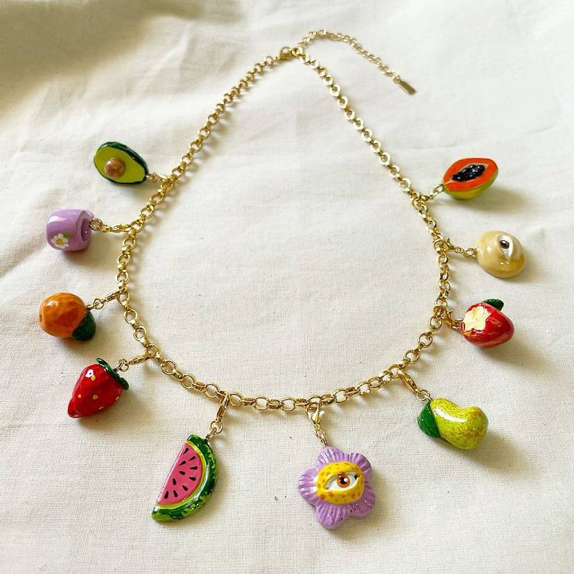 Vintage 18K Gold Plated Fruit Plant Titanium Steel Charm Bar Necklace