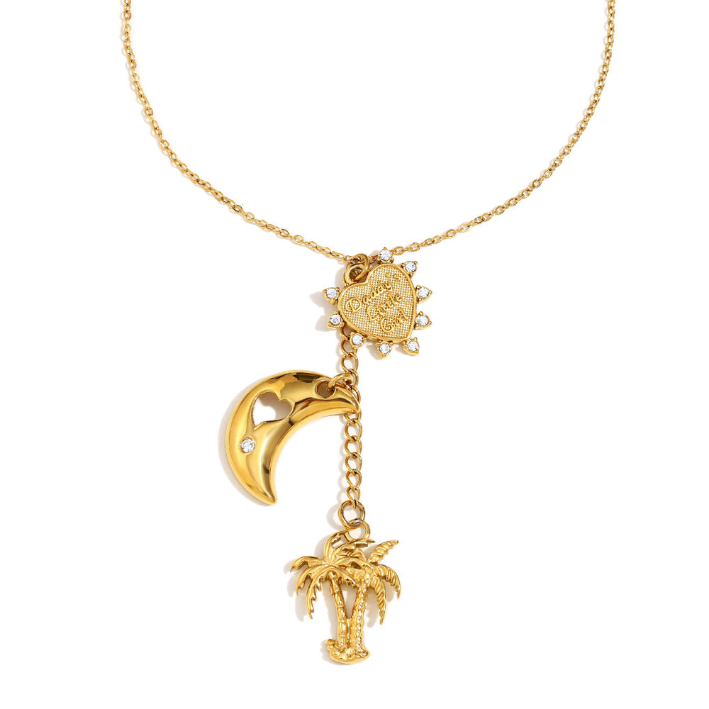 Collana Pendente Albero di Cocco Minimalista in Acciaio Inox Placcato Oro 18K da Donna