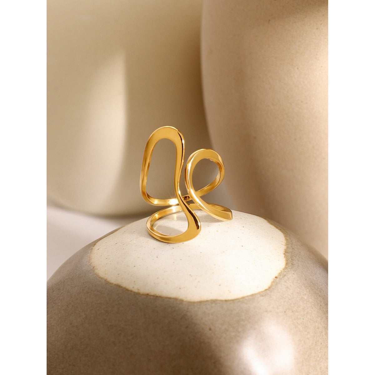 Unique Irregular Open Ring 18K Gold Plated Stainless Steel Minimalist Line Design Unisex Jewelry