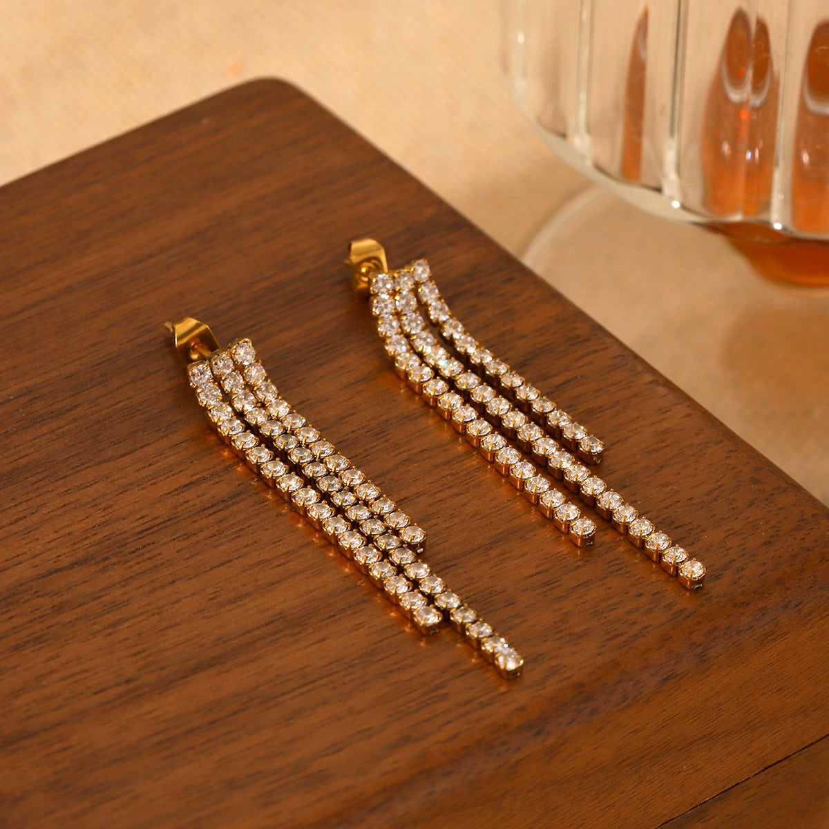 Minimalist Geometric Stainless Steel Stud Earrings with Cubic Zirconia Accents and Fringe Detail for Women