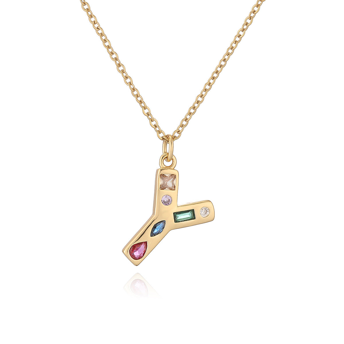 Minimalist Letter Shape Copper Pendant Necklace with 18K Gold Plating and Colored Zircon Inlay for Women