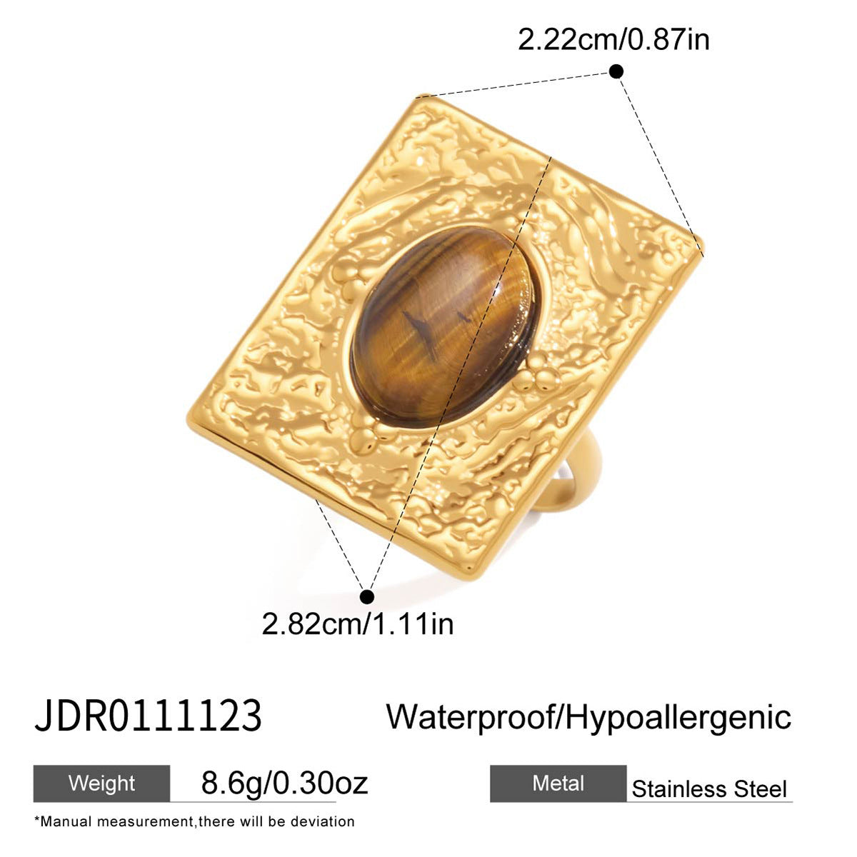 Fashion Geometric Round Tiger's Eye Stainless Steel Ring with 18K Gold PVD Finish for Women