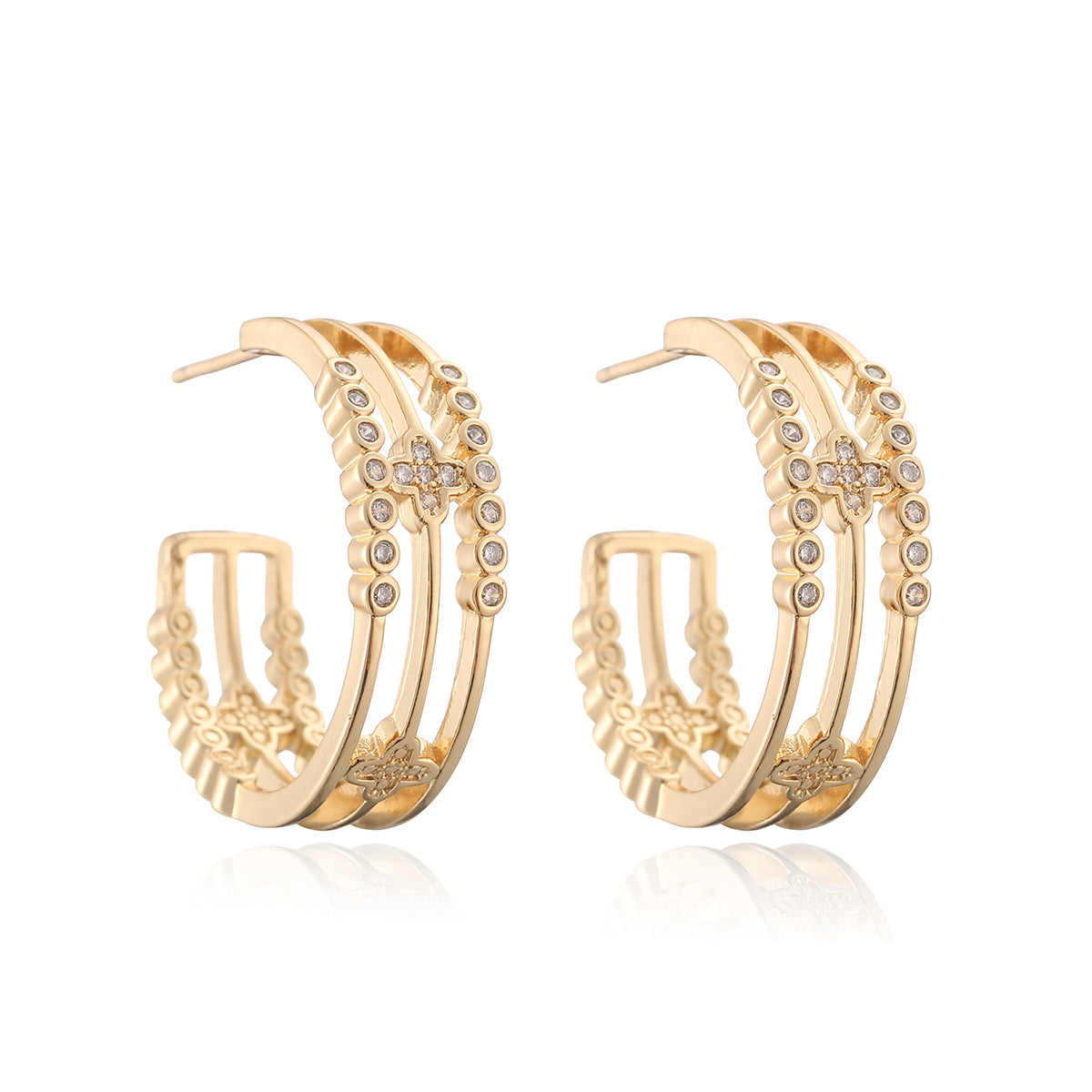 Vintage 18K Gold Plated Geometric Brass Hoop Earrings with Cubic Zirconia for Women