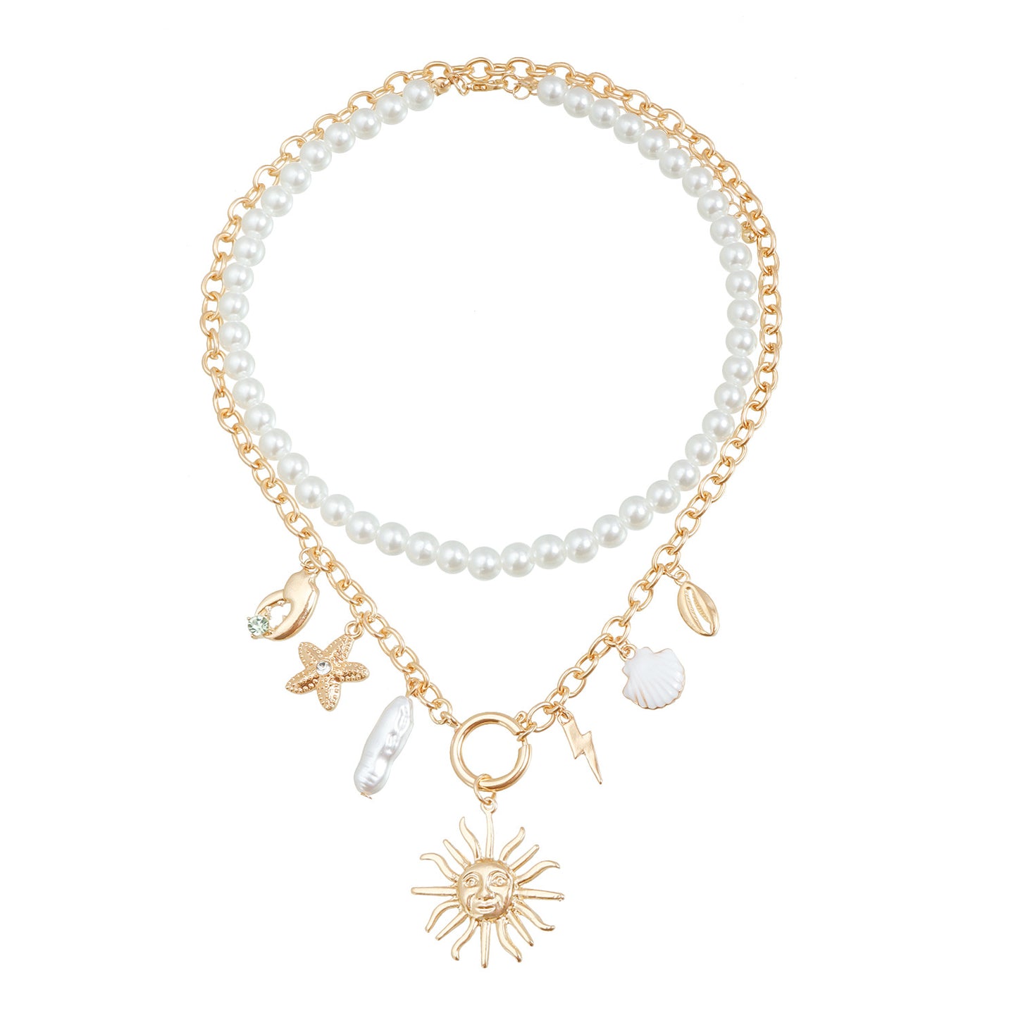 Collar con colgante de estrella de mar y sol, informal de playa de verano, de aleación con acabado chapado para mujer