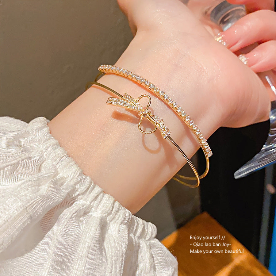 Minimalist Sweet Cubic Zirconia Inlaid Brass Bow Cuff Bracelet for Women