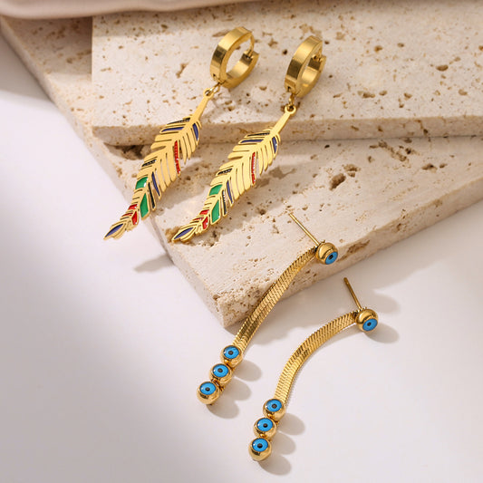 Bohemian Style Leaf-Shaped Titanium Steel Earrings for Women with Enamel Blue Eye Detail and Micro-Pave Setting